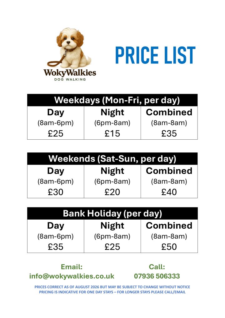 WokyWalkies price list showing weekday, weekend and bank holiday day, night and combined rates
